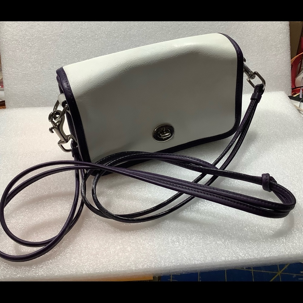 Coach small white with purple trim handbag